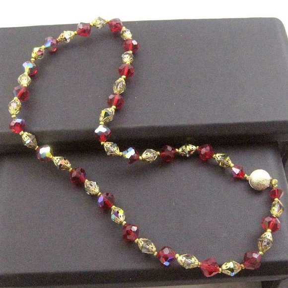 Vintage Jewelry - Glass Bead Necklace ruby red and aurora borealis